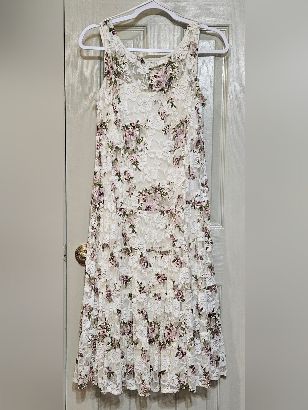 SLNY Cream Lace Tiered Maxi Dress with Pink Floral Print